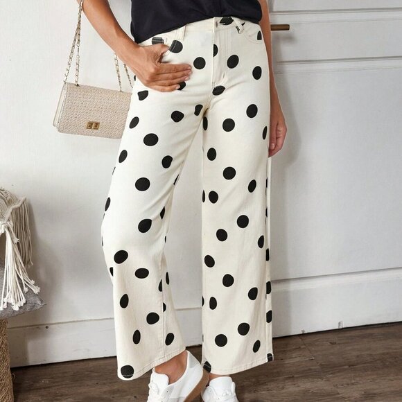 Khaki Casual Women's Color-Block Polka Dot Print Straight Leg Jeans - Picture 5 of 7